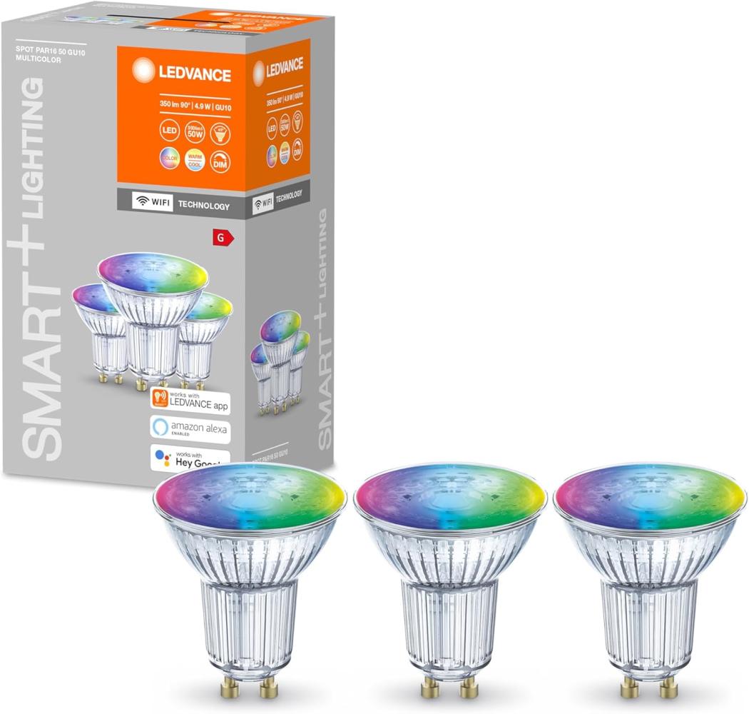 LEDVANCE LED-Reflektorlampe mit WiFi Technologie, Sockel GU10, Lichtfarbe änderbar (2700-6500K), RGB Farben , Dimmbar, ersetzt Reflektorlampen mit 32 W, SMART+ WiFi SPOT RGBW, 3er-Pack Bild 1