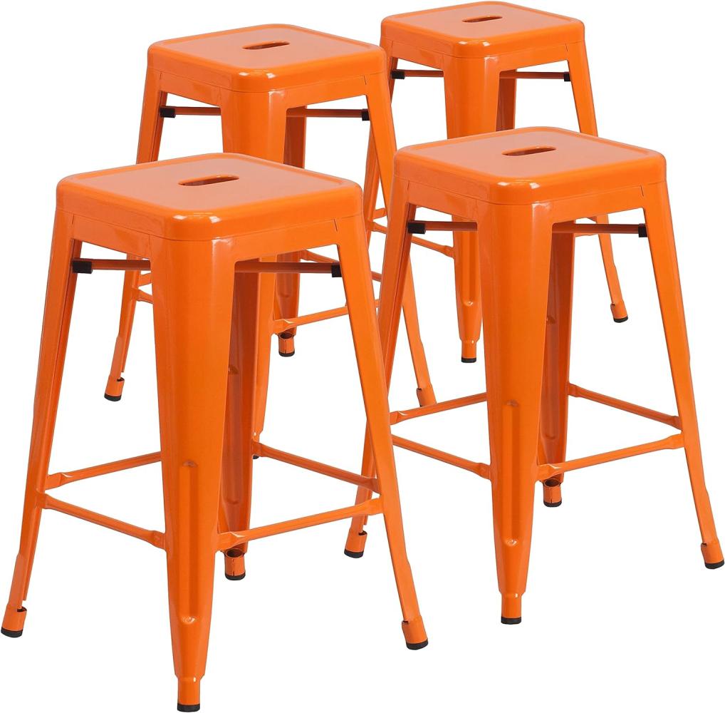 Flash Furniture Barhocker, kommerzielle Qualität, 61 cm hoch, ohne Rückenlehne, Metall, für Innen- und Außenbereich, Thekenhöhe, quadratische Sitzfläche, Kunststoff, Gummi, orange, 4 Stück Bild 1