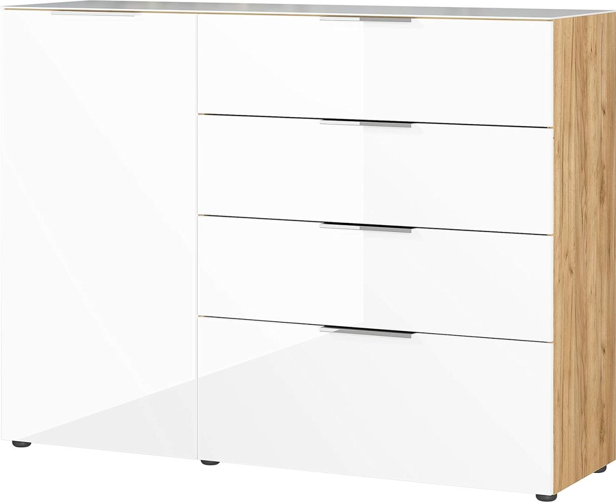 Amazon Marke - Alkove Sideboard/Kommode Selencia, in Navarra-Eiche-Nachbildung/Weiß, Fronten und Oberboden mit Glasauflage, mit einer Tür und 4 Schubladen, 134 x 102 x 42 cm (BxHxT) Bild 1
