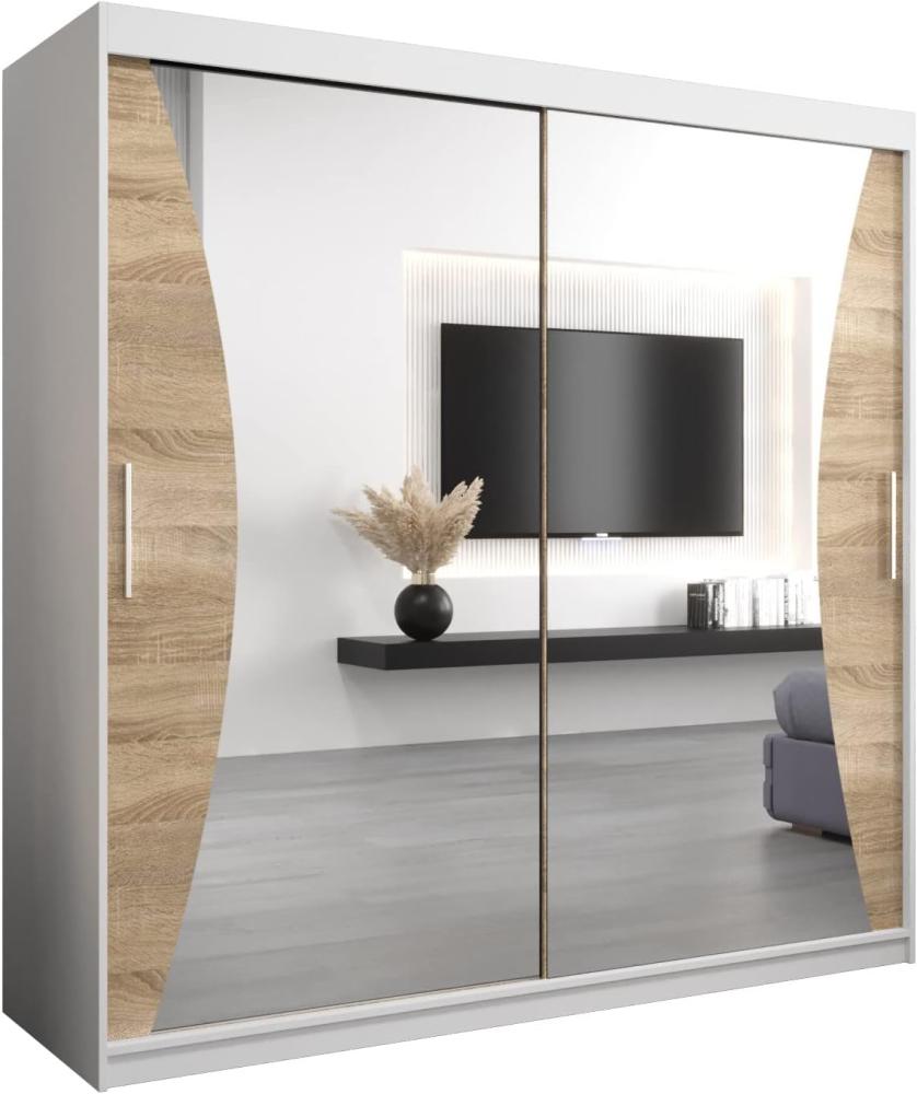 Kryspol Schwebetürenschrank Monaco 200 cm mit Spiegel Kleiderschrank mit Kleiderstange und Einlegeboden Schlafzimmer- Wohnzimmerschrank Schiebetüren Modern Design (Weiß + Sonoma) Bild 1
