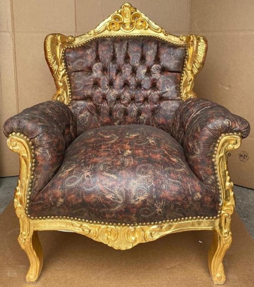 Casa Padrino Barock Sessel Mehrfarbig / Gold - Handgefertigter Massivholz Wohnzimmer Sessel mit Kunstleder - Antik Stil Wohnzimmer Sessel - Barock Wohnzimmer Möbel Bild 1