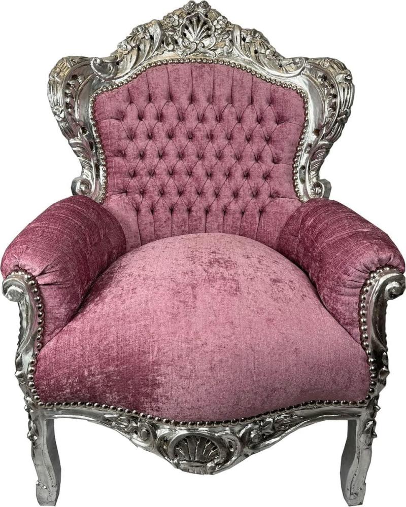 Casa Padrino Barock Sessel Rosa / Silber - Handgefertigter Massivholz Wohnzimmer Sessel - Antik Stil Wohnzimmer Sessel - Wohnzimmer Möbel im Barockstil - Barock Möbel Bild 1