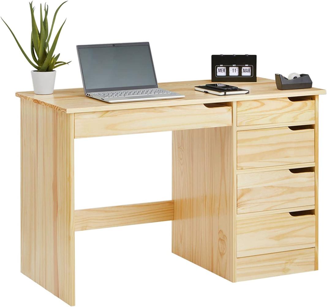 IDIMEX Schreibtisch Hugo aus massiver Kiefer in Natur, schöner Schülerschreibtisch mit 5 Schubladen, praktischer Bürotisch mit Querstrebe für Stabilität Bild 1