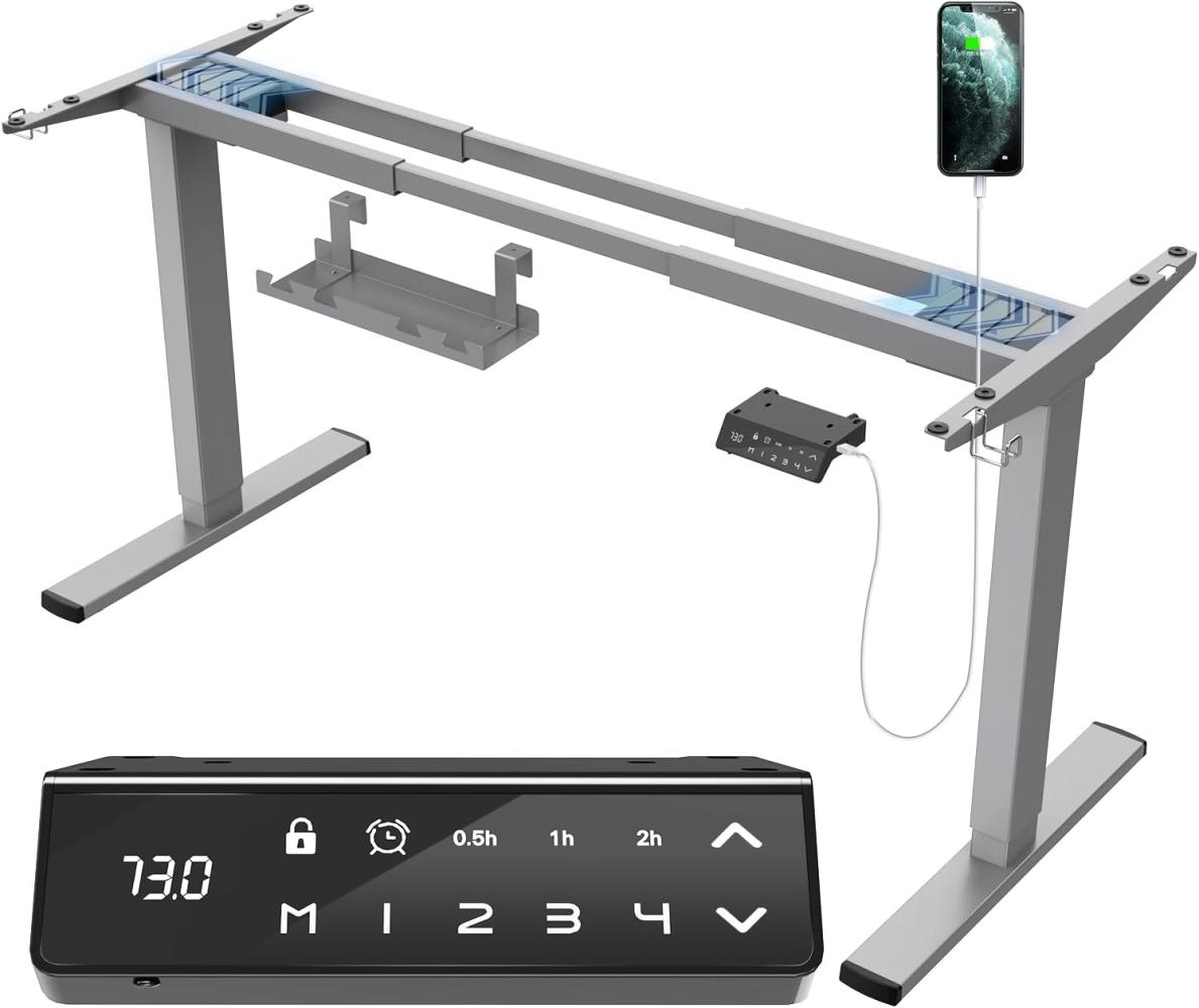 JUMMICO Dual-Motor Tischgestell Höhenverstellbar mit USB-Buchse und Kabelwanne, Elektrisch Höhenverstellbarer Schreibtisch Gestell mit mit Sitz-Steh-Erinnerungs und Rollen（Grau） Bild 1