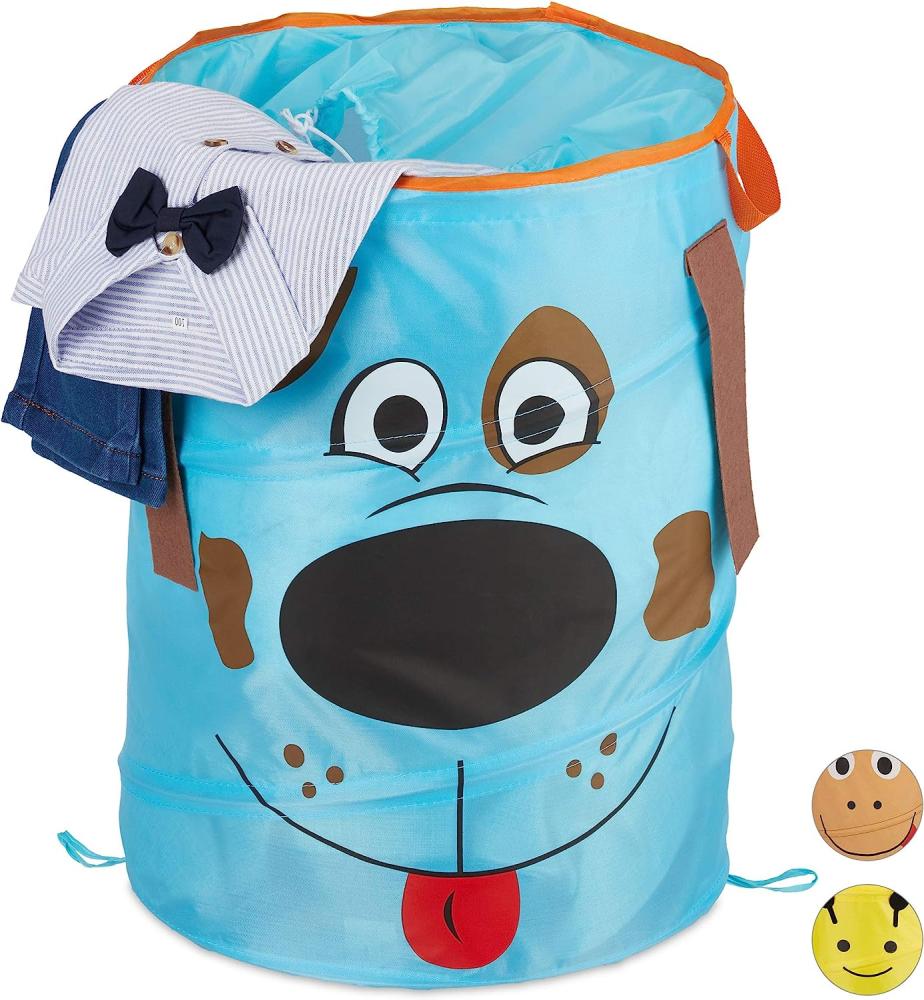 Relaxdays Pop-Up Wäschekorb für Kinder, Tiermotiv Hund, Faltbar, 39 l Stauraum, Aufbewahrungskorb HxD: 43 x 34 cm, blau Bild 1