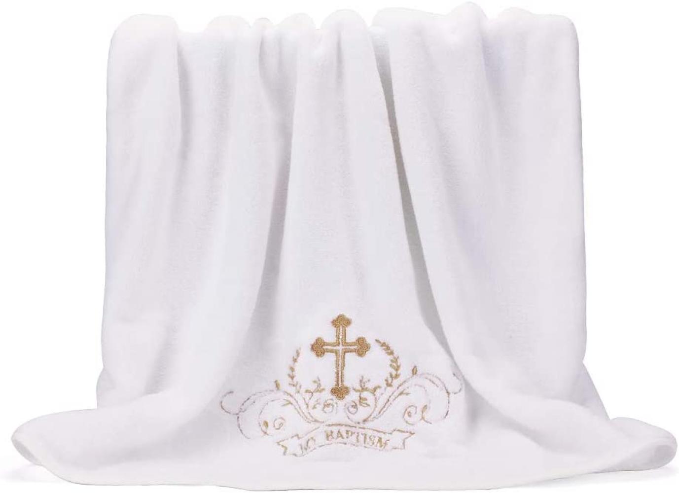 LACOFIA Taufe Handtuch Unisex Baby Taufe Decke, Weiß mit Gold Stickerei Kreuz, Personalisierte Geschenke für Jungen oder Mädchen, Volle Badetuch Größe 150 * 75 CM Bild 1