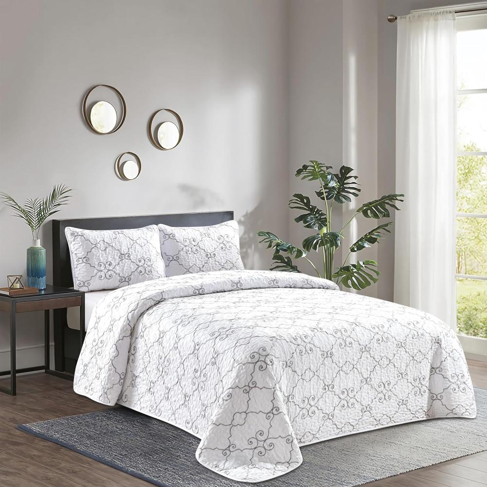 3-Teilig Tagesdecke für Bett 220x240cm Doppelbettüberwurf mit Kissenbezug 50x70cm Weiß-Silber Bild 1