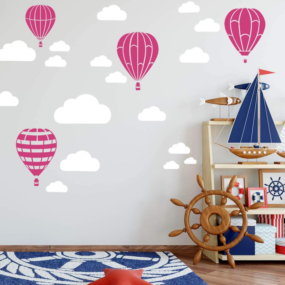 Heißluftballon & Wolken Aufkleber Wandtattoo Himmel | Wandbild 6x DIN A4 Bögen | Sticker Kinder Kinderzimmer Deko Ballons (Pink) Bild 1