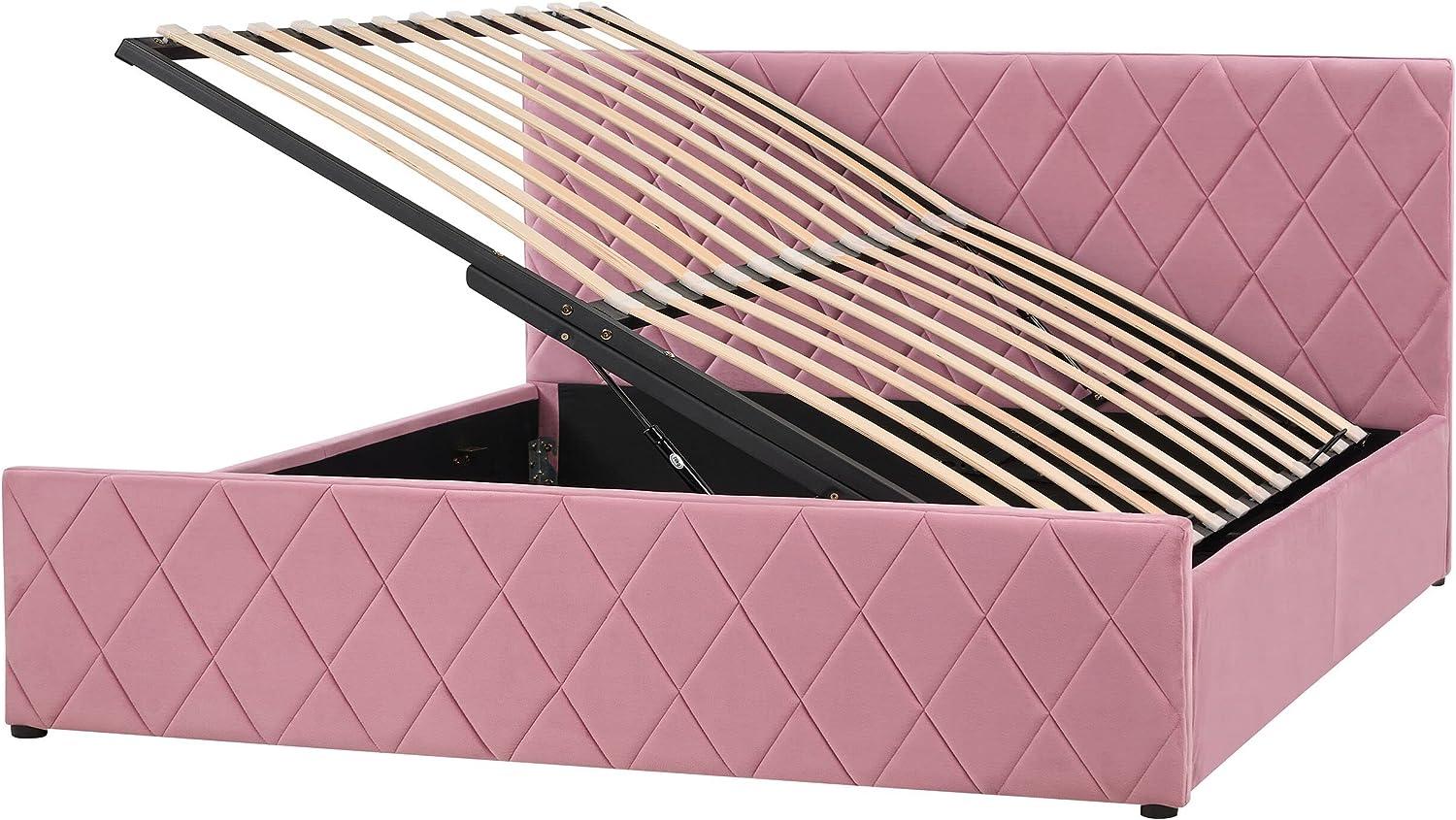 Bett Samtstoff rosa Lattenrost Bettkasten hochklappbar 160 x 200 cm ROCHEFORT Bild 1