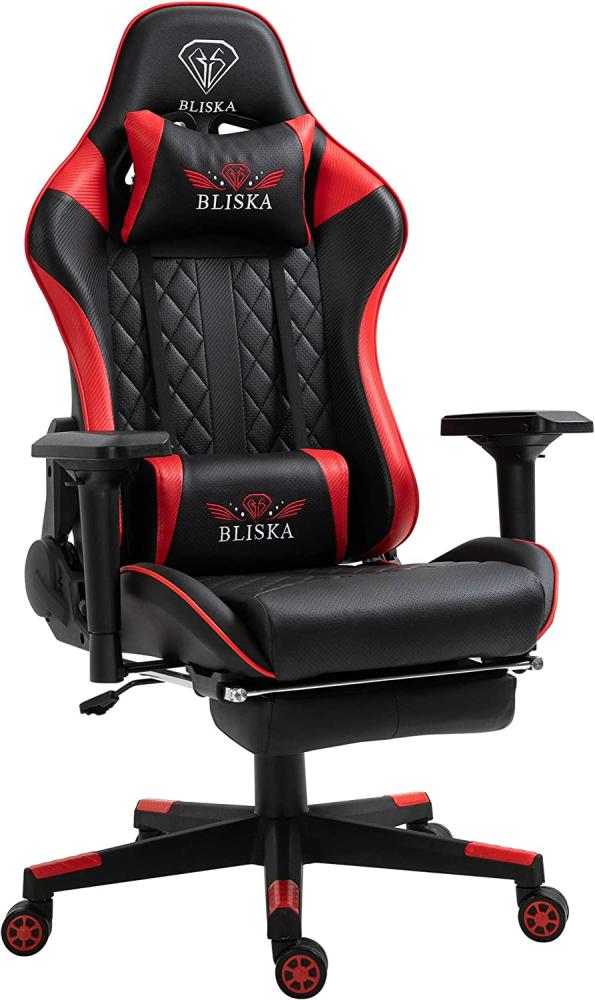 Gaming Stuhl mit Fußstütze und ergonomsichen 4D-Armlehnen, Kunstleder Schwarz/Rot, 140 x 70 x 55 cm Bild 1