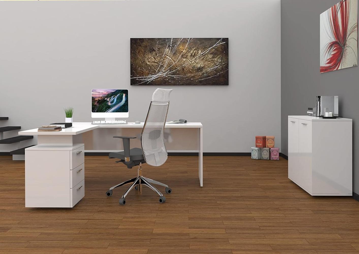 Dmora Eckschreibtisch, Made in Italy, Minimaler Computertisch, Schreibtisch für PC, 160x60h75 cm, glänzend weiße Farbe Bild 1