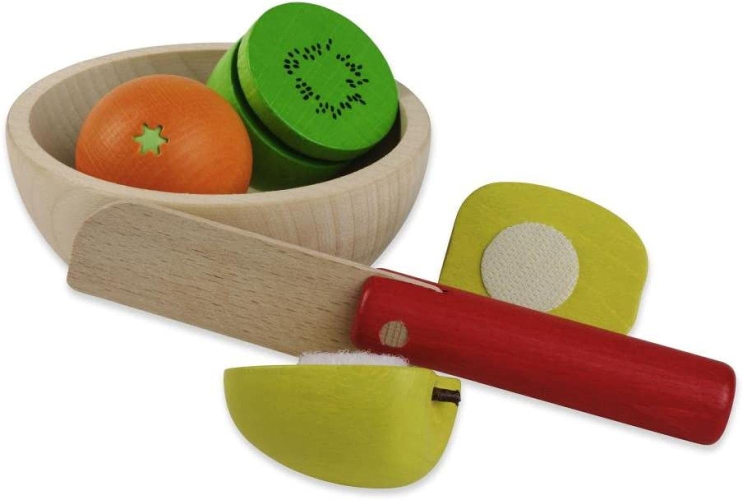 Erzi Obstsalat Holzspielzeug mit Schüssel aus Birke, sowie Messer, Apfel, Orange und Kiwi aus Buche Bild 1