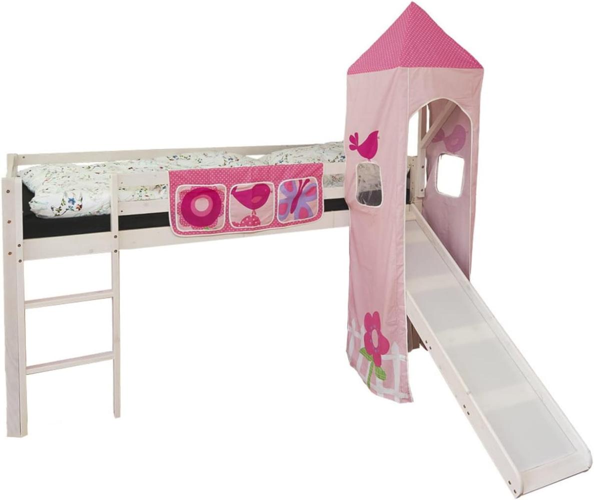 Hochbett Spielbett Kinder 90x200 cm mit Leiter & Rutsche, Turm Bettgestell, Holz Massiv, Rosa Pink Bild 1