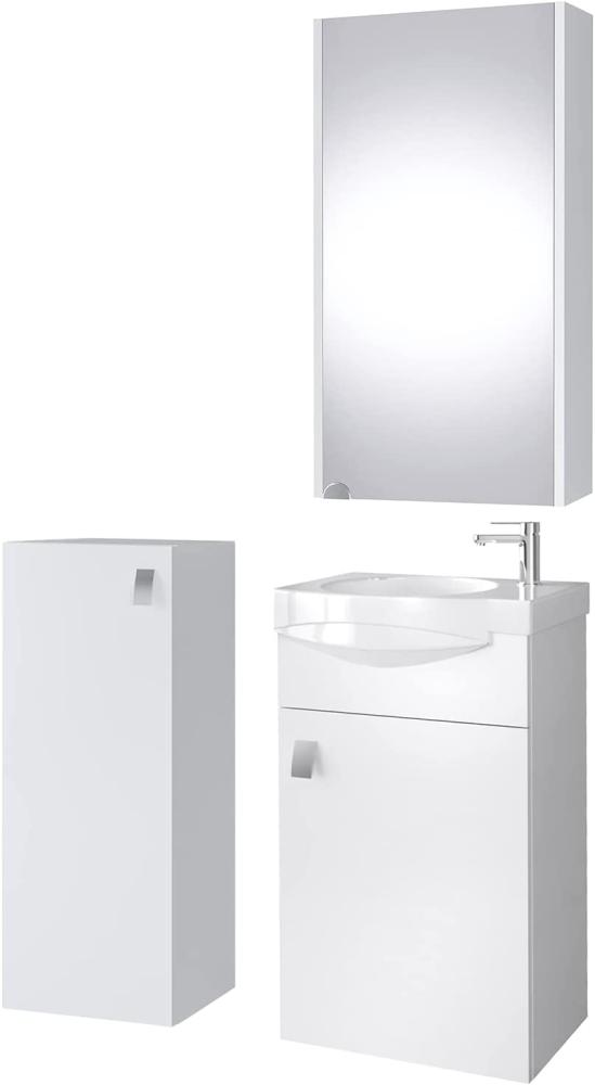 Planetmöbel Badset komplett aus Unterschrank 40cm mit Waschbecken, Spiegelschrank und 1x Midischrank in Weiß, Komplettset für Badezimmer 4-teilig Bild 1