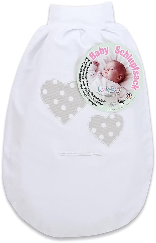 babybay Schlupfsack Organic Cotton mit Gurtschlitz, weiß Applikation Herz perlgrau Punkte weiß Bild 1