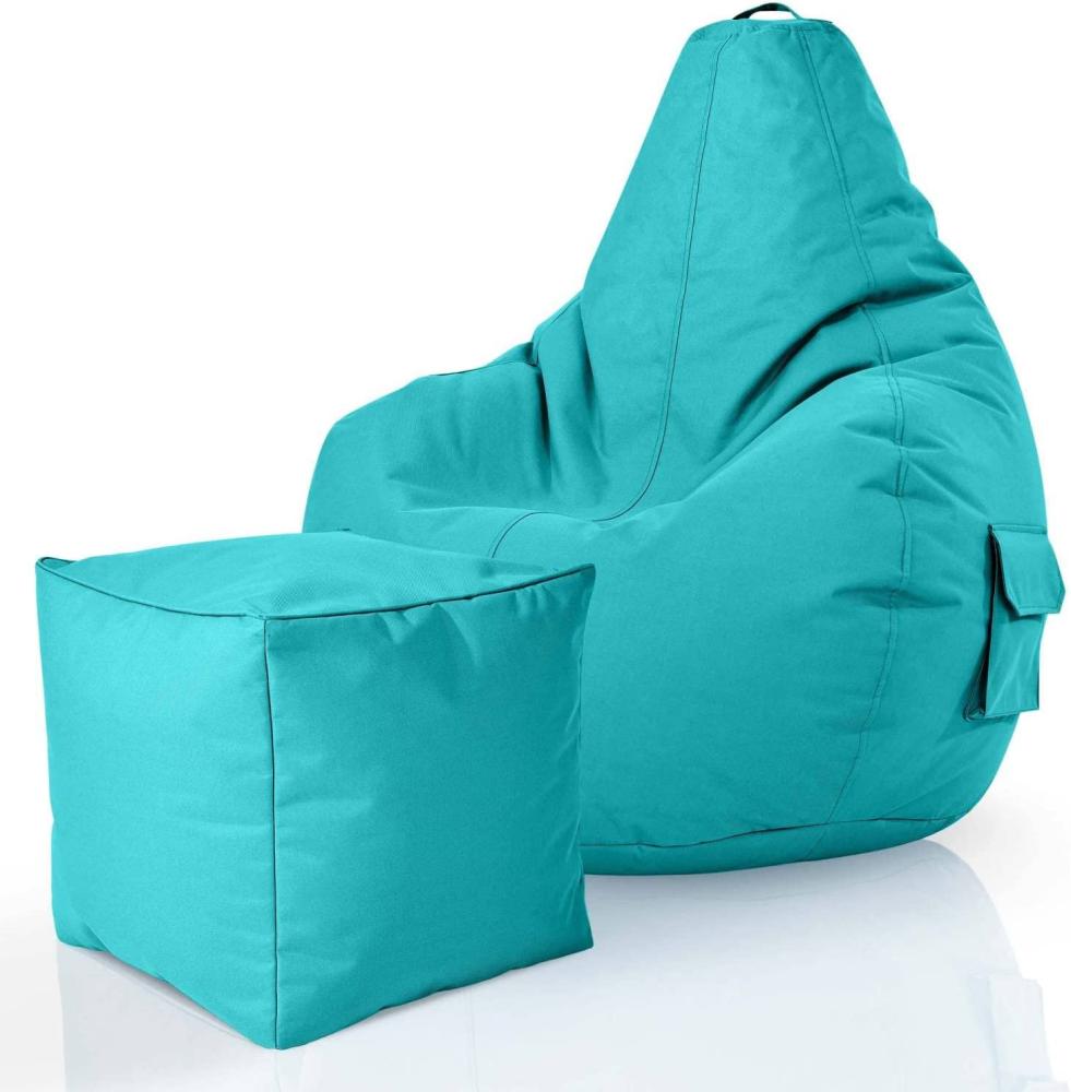 Green Bean© 2er Set Sitzsack + Hocker "Cozy+Cube" - fertig befüllt - Bean Bag Bodenkissen Lounge Sitzhocker Gamingstuhl Pouf - Türkis Bild 1