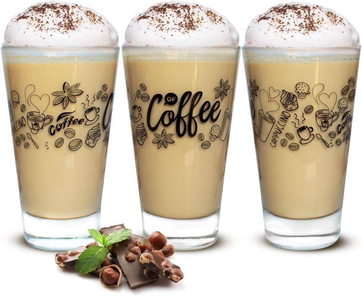 6 Latte Macchiato Gläser 310ml Kaffeegläser Teeggläser Teegläser mit schwarzem Kaffee-Aufdruck Bild 1