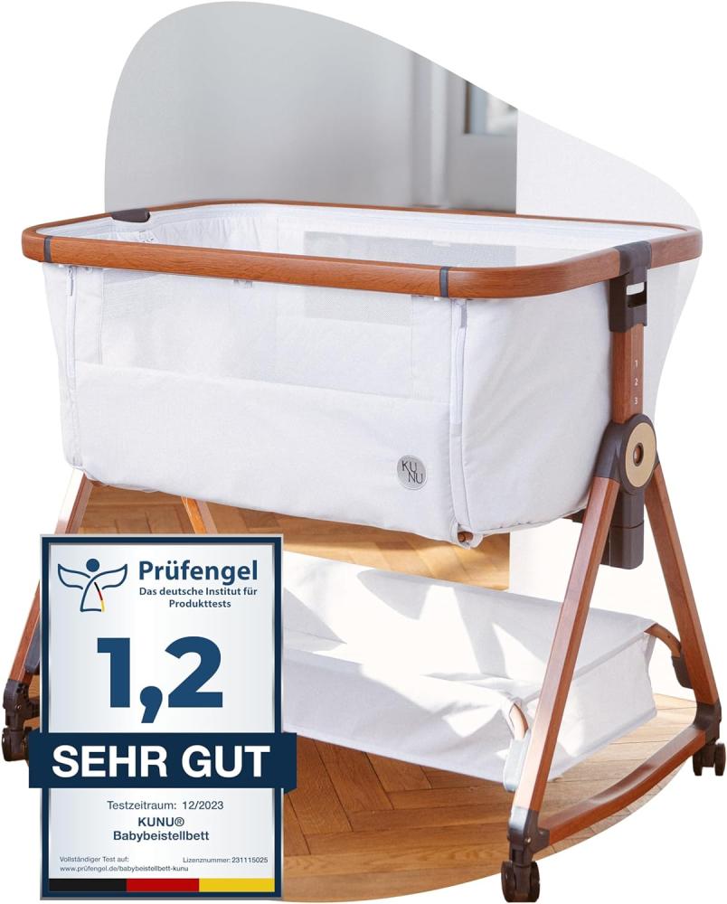 KUNU® Original Baby-Beistellbett - Von Eltern für Eltern - Skandinavisches Design - Rollbar & Wiegefunktion - Höhenverstellbar - Babyoptimierte Matratze - inkl. Reisetasche Bild 1