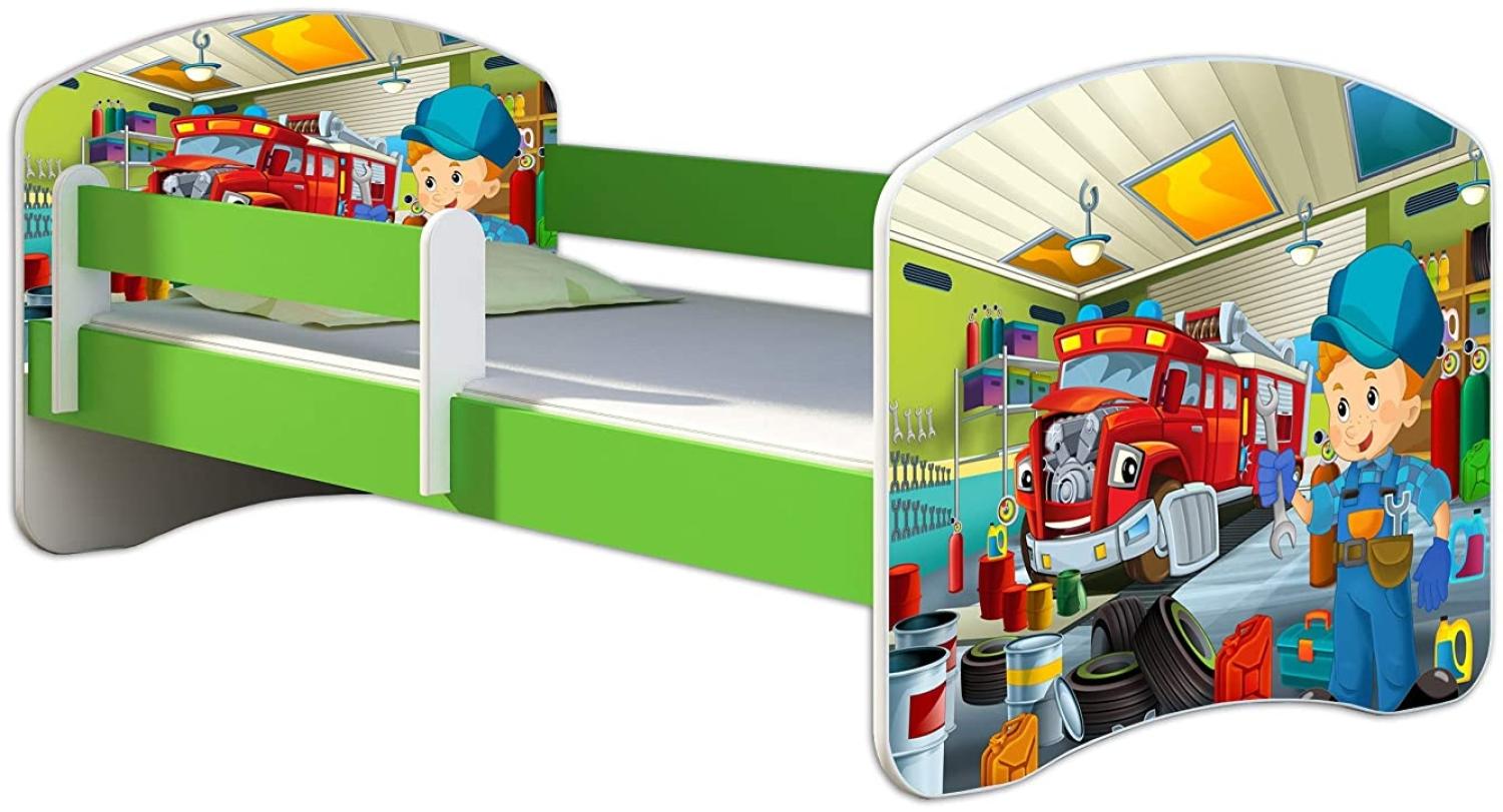 ACMA Kinderbett Jugendbett mit Einer Schublade und Matratze Grün mit Rausfallschutz Lattenrost II 140x70 160x80 180x80 (45 Mechaniker, 180x80) Bild 1
