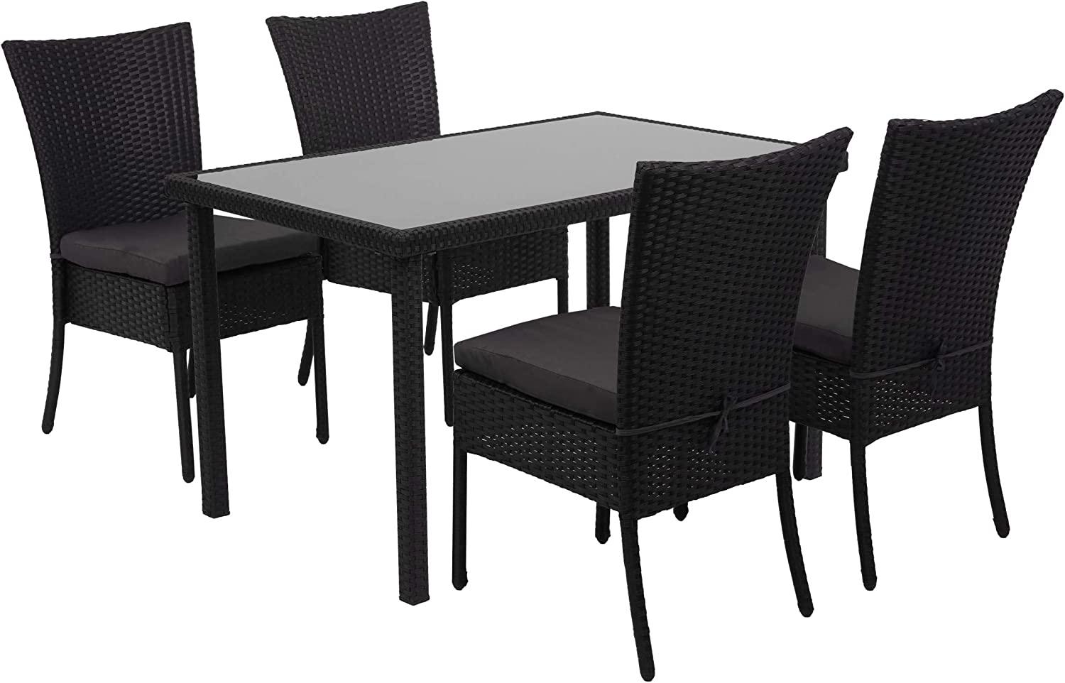 Poly-Rattan Garnitur HWC-G19, Sitzgruppe Balkon-/Lounge-Set, 4xStuhl+Tisch, 120x75cm ~ schwarz, Kissen dunkelgrau Bild 1