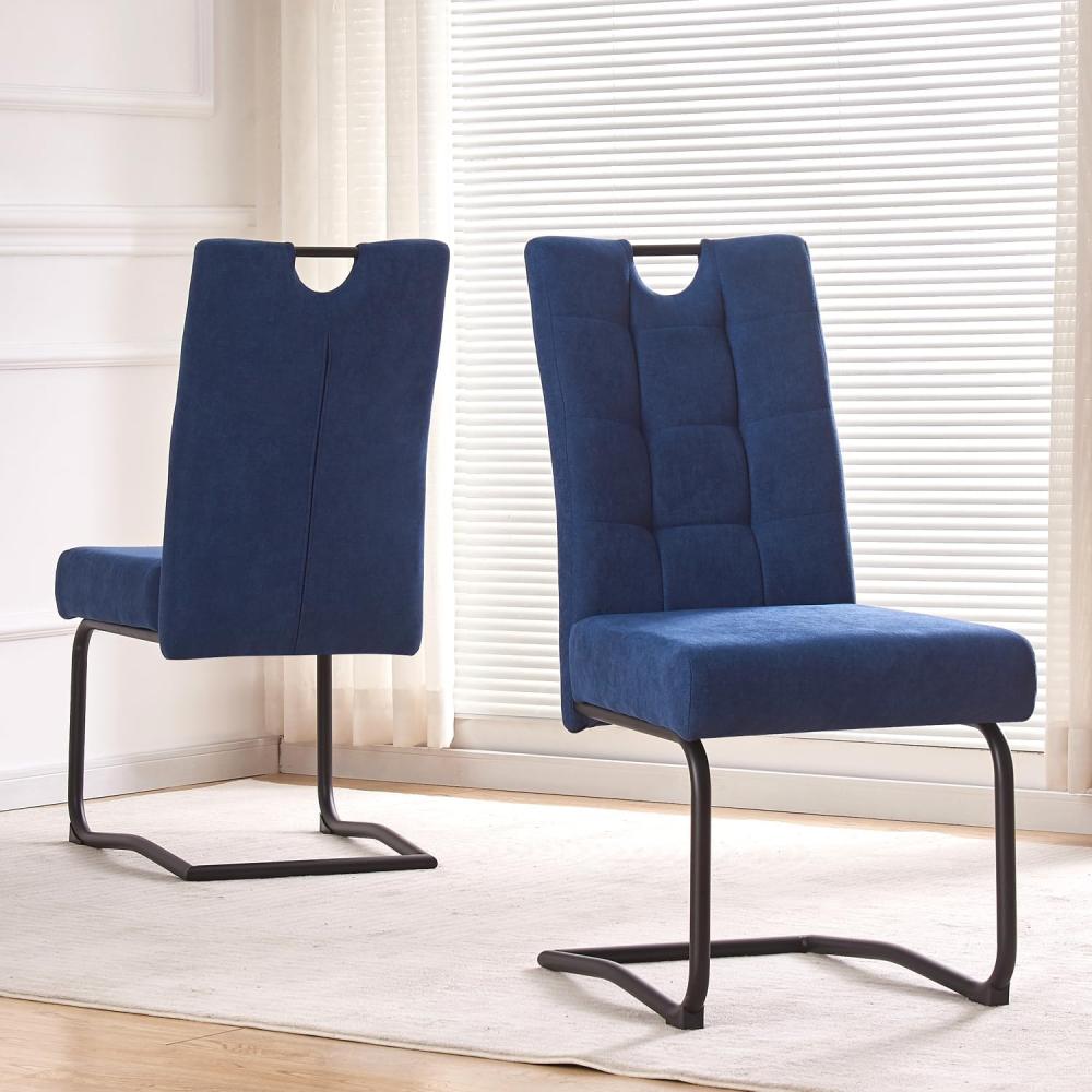B&D home Esszimmerstühle SOFIA 2er Set | Freischwinger Stühle Schwingstuhl für Esszimmer, Küche, Büro | retro industrial | Webstoff Blau Bild 1