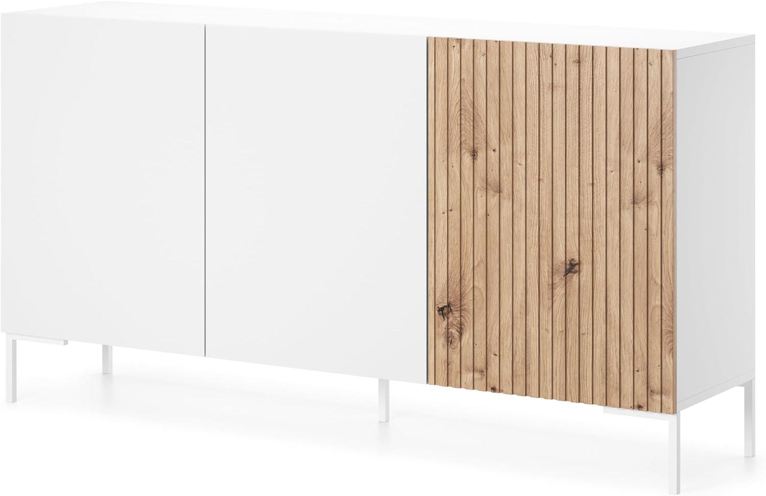 Selsey Lammelo - 3-türig Sideboard mit Lammelen in Weiß / Wotan Eiche, 140 cm breit Bild 1
