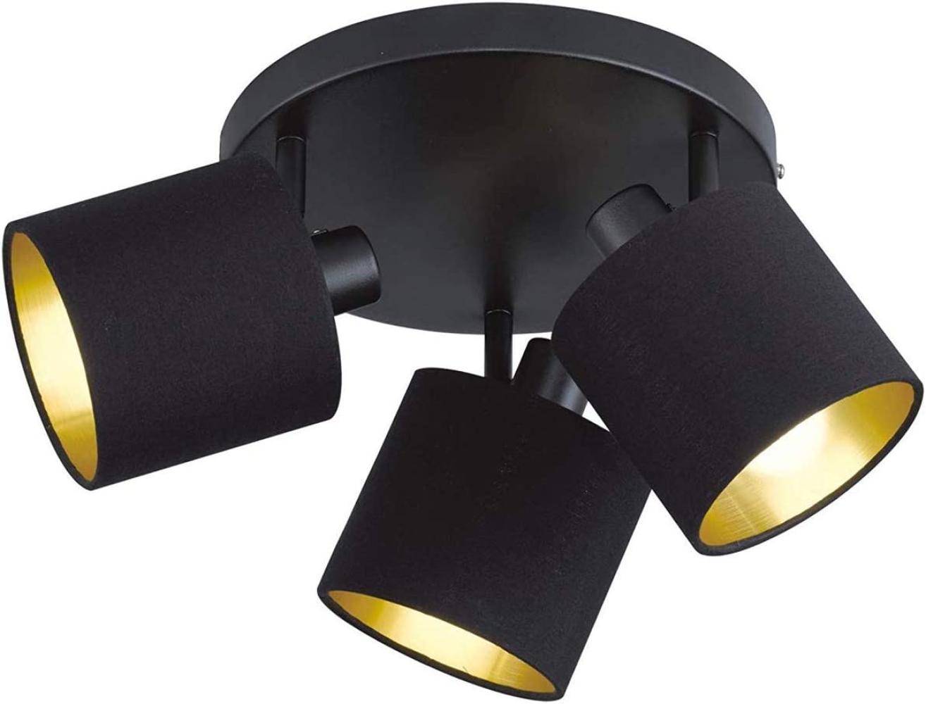 LED Deckenstrahler rund 3 flammig aus Metall mit Stoffschirmen in Schwarz Gold Bild 1