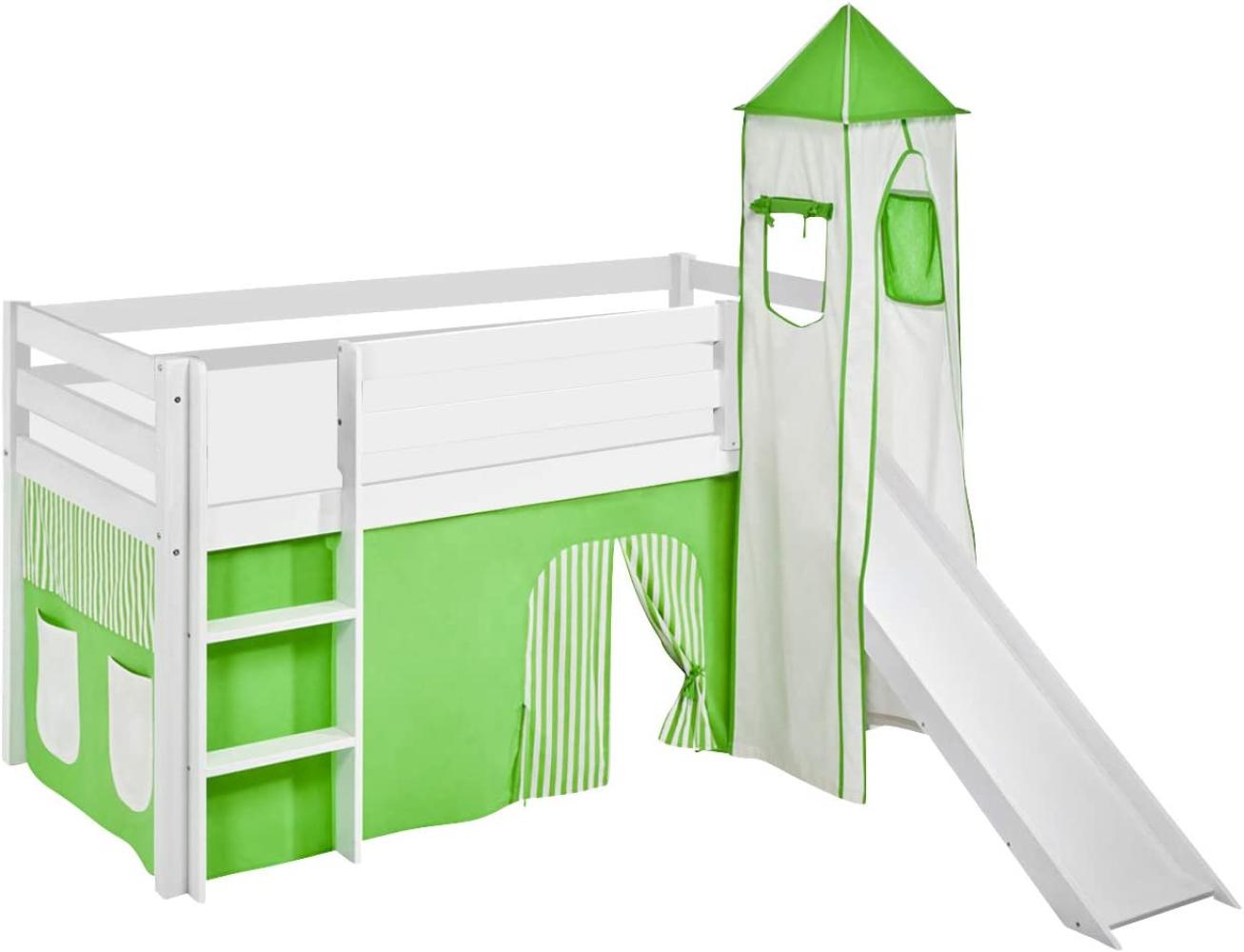 Lilokids 'Jelle' Spielbett 90 x 190 cm, Grün Beige, Kiefer massiv, mit Turm, Rutsche und Vorhang Bild 1