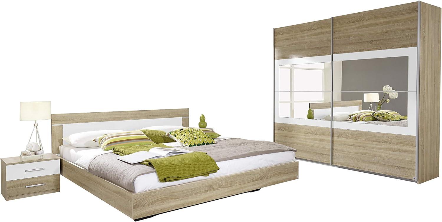 Rauch Möbel Venlo Schlafzimmer, Eiche Sonoma / Weiß, bestehend aus Bett mit Liegefläche 160x200 cm inkl. 2 Nachttische und Schwebetürenschrank BxHxT 226x210x62 cm Bild 1