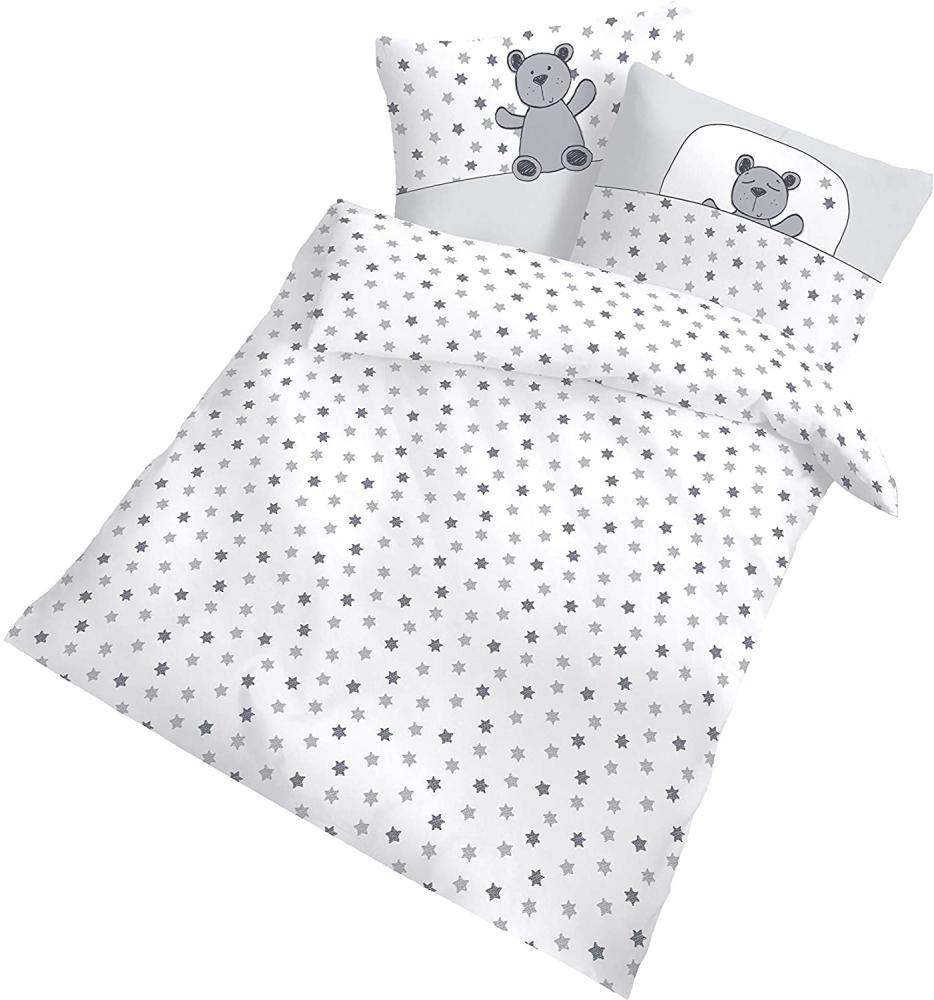 Dobnig Biber Baby Bettwäsche 2 teilig Bettbezug 100 x 135 cm Kopfkissenbezug 40 x 60 cm Teddy Sterne silber Bild 1