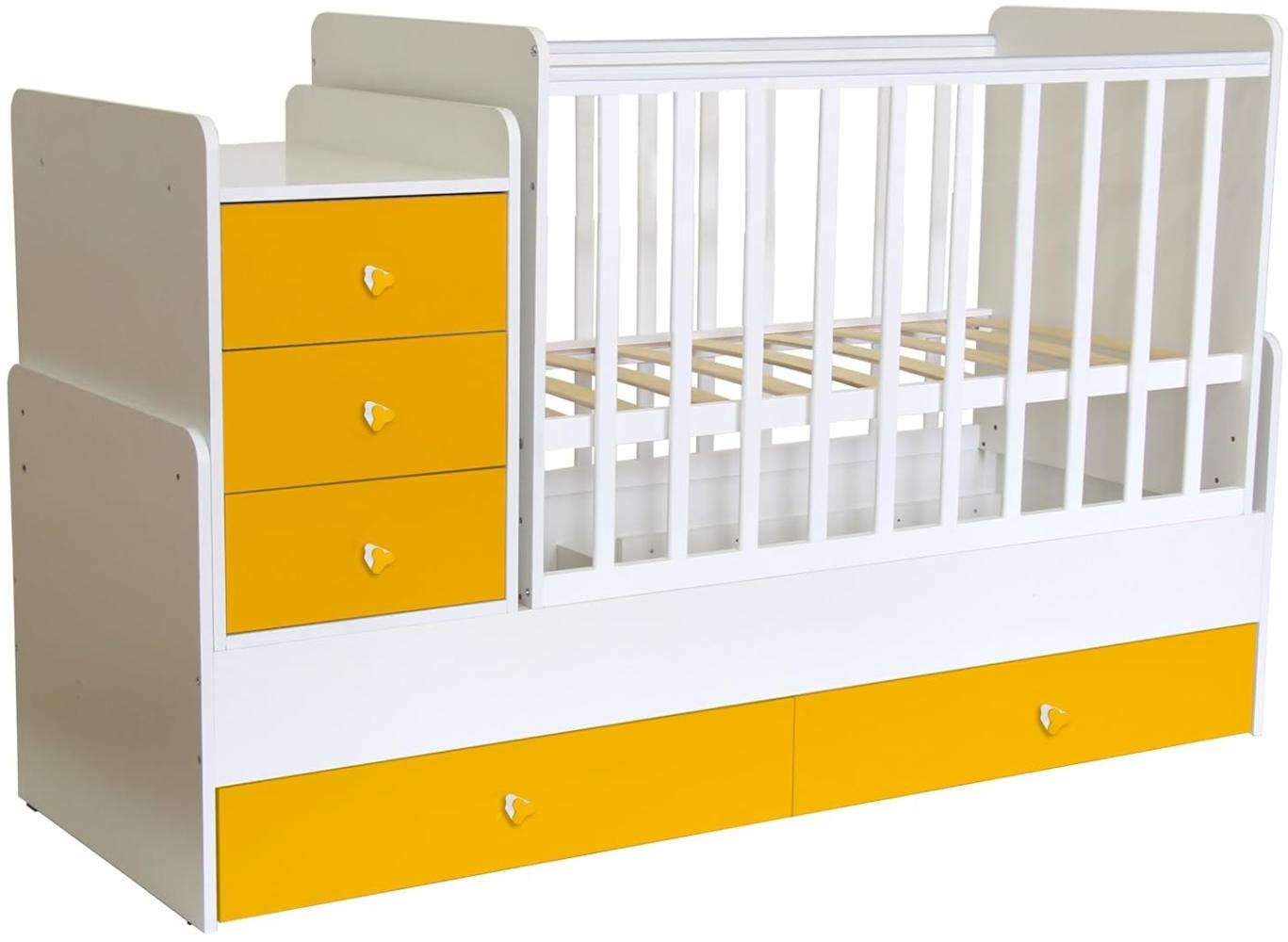 Polini Kids 'Simple 1100' Kombi-Kinderbett 60 x 120/170 cm, weiß/gelb, höhenverstellbar, mit Schaukelfunktion, inkl. Kommode Bild 1