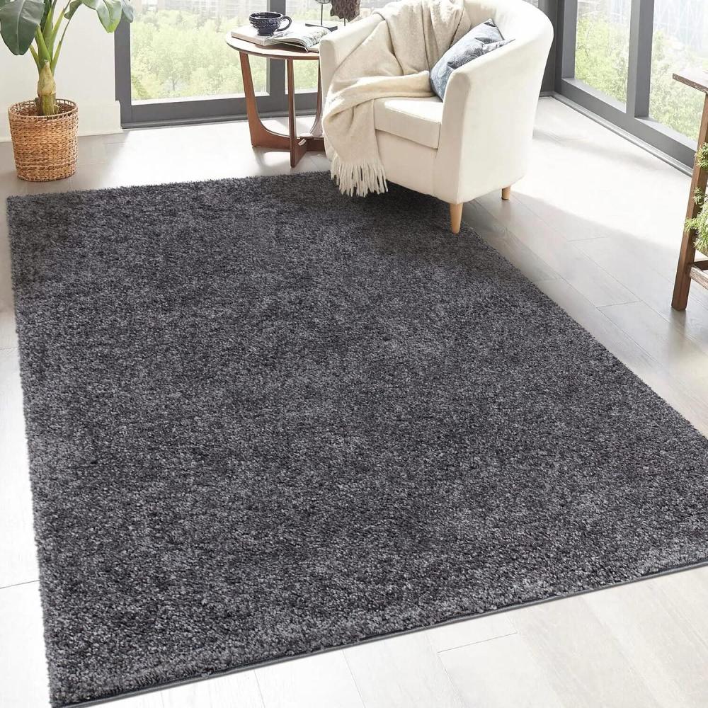 carpet city Shaggy Hochflor Teppich - 100x200 cm - Anthrazit - Langflor Wohnzimmerteppich - Einfarbig Uni Modern - Flauschig-Weiche Teppiche Schlafzimmer Deko Bild 1
