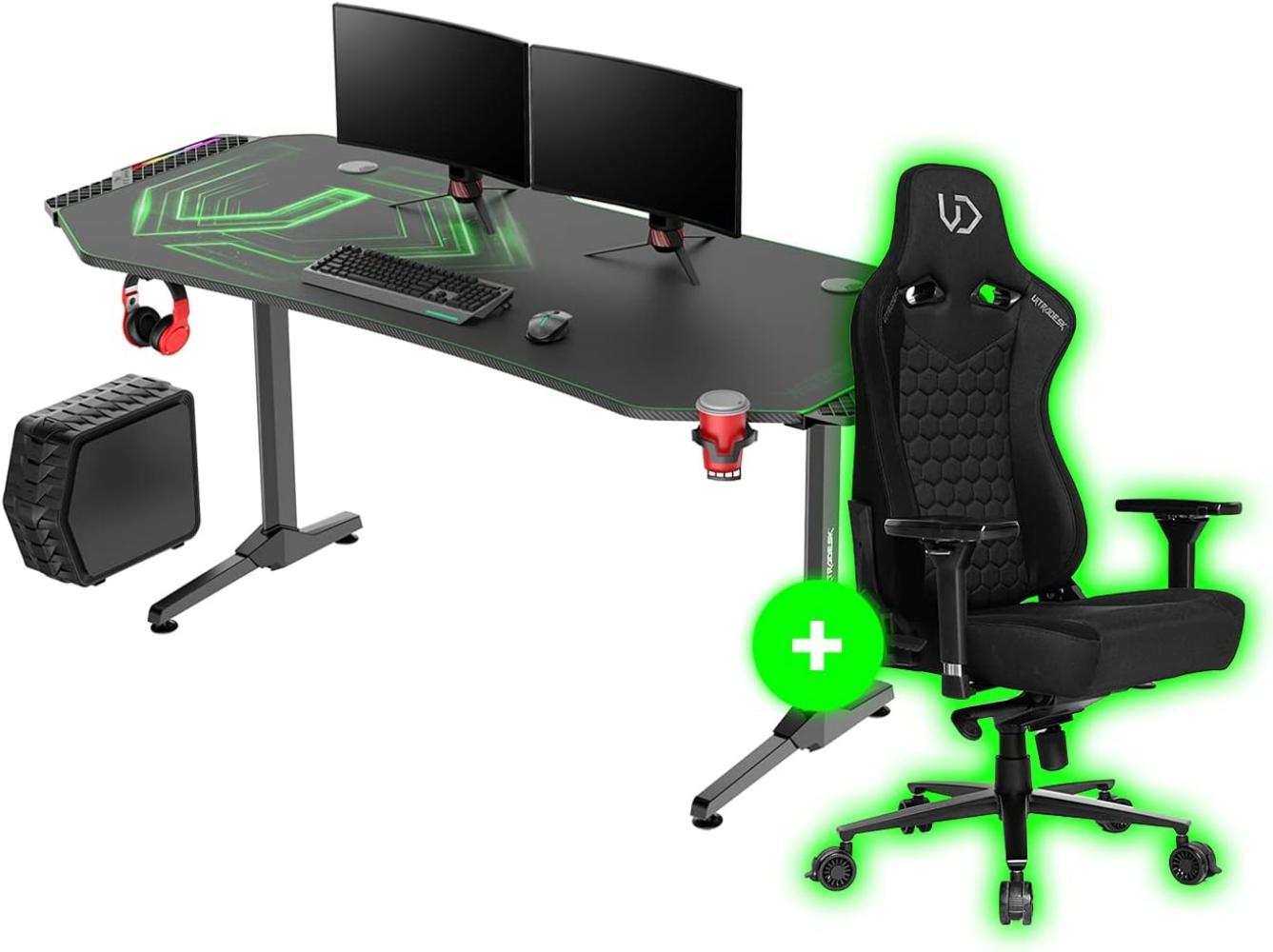 ULTRADESK Frag XXL RGB LED 160x75 cm + Throne Gaming Stuhl, Gamer Tisch mit großer Arbeitsfläche & XXL-Pad, 2 Kabeldurchlässe, Fach für Steckdosenleisten, Stahlgestell, Grün Bild 1