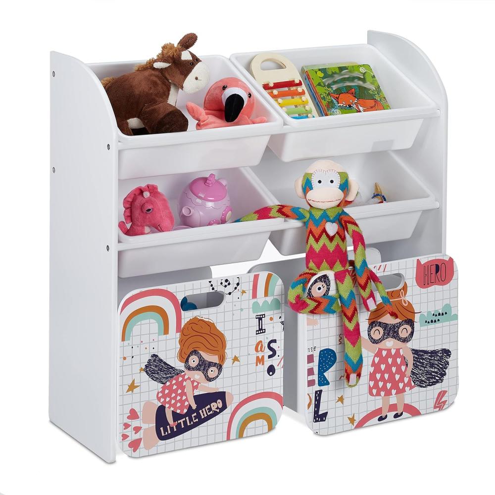 Relaxdays Kinderregal mit 6 Boxen, Kleine-Heldin-Motiv, 2 Kisten mit Rollen, HBT: 80,5x82,5x30 cm, Spielzeugregal, weiß Bild 1