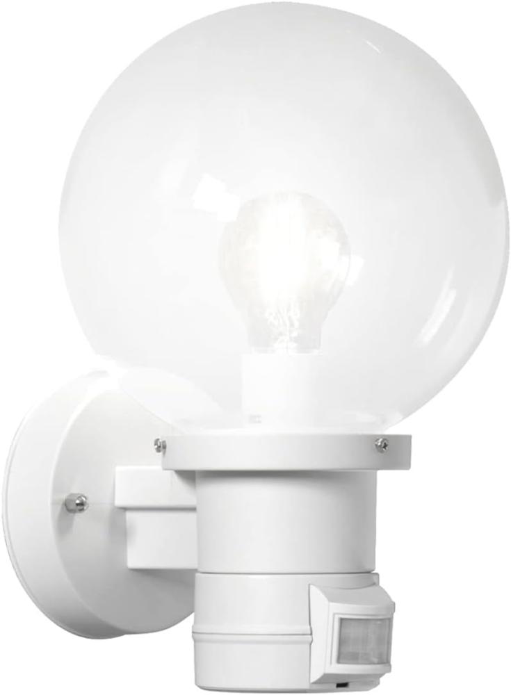 LED Außenwandleuchte mit Bewegungsmelder, Weiß mit Glas Kugel Ø 20cm Bild 1