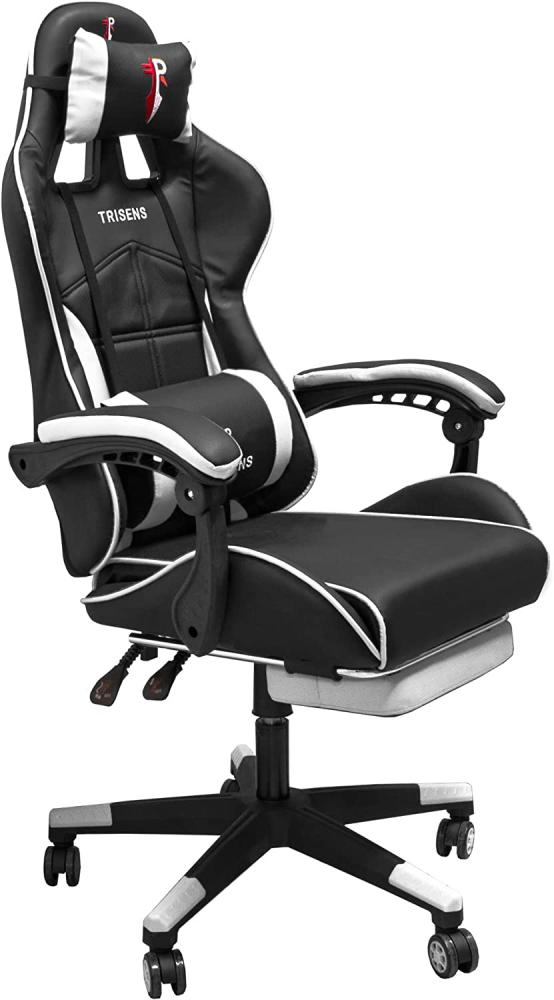 Gaming Stuhl im Racing-Design mit Fußstütze Gaming Bürostuhl mit Armlehnen ergonomischer Gaming Schreibtischstuhl mit verstellbarem Rückenstützkissen und Nackenkissen Schwarz / Weiß Bild 1