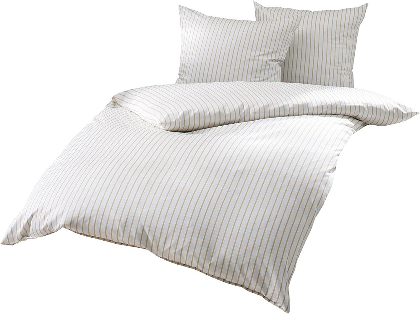 Bettwaesche-mit-Stil Mako Satin Streifen Bettwäsche „Den Haag“ beige weiß gestreift Garnitur 200x200 + 2x 80x80 Bild 1