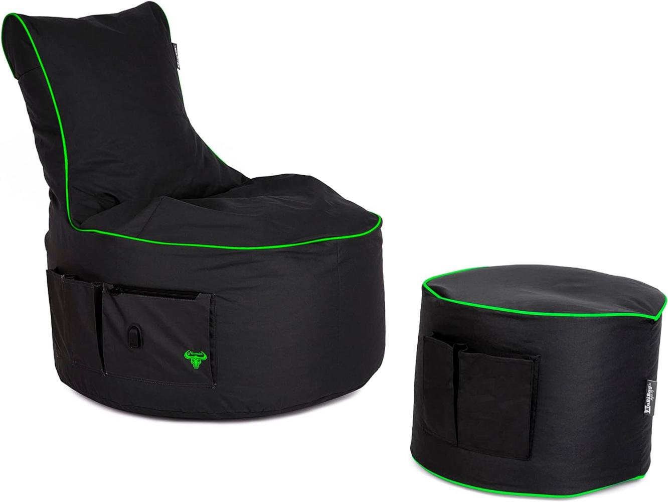 BuBiBag Gaming Sitzsack mit Hocker - Sitzsack für Kinder und Erwachsene | Beanbag mit Anschluss, Gaming, Halterung und Seitentasche, Outdoor Sitzsack - Maverick (Anthrazit-Neongrün) Bild 1