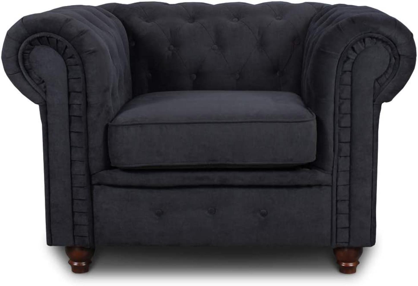 Sessel Chesterfield Asti - Couch, Couchgarnitur, Couchsessel, Loungesessel, Stühl, Holzfüße - Glamour Design (Schwarz (Capri 19)) Bild 1