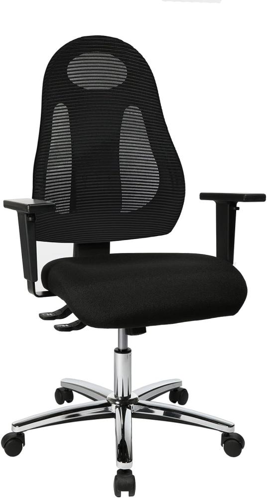 Topstar Free Art Chrom, ergonomischer Bürostuhl, Schreibtischstuhl mit Design-Rückenlehne, inkl. höhenverstellbarer Armlehnen, Stoff, Schwarz/Schwarz Bild 1