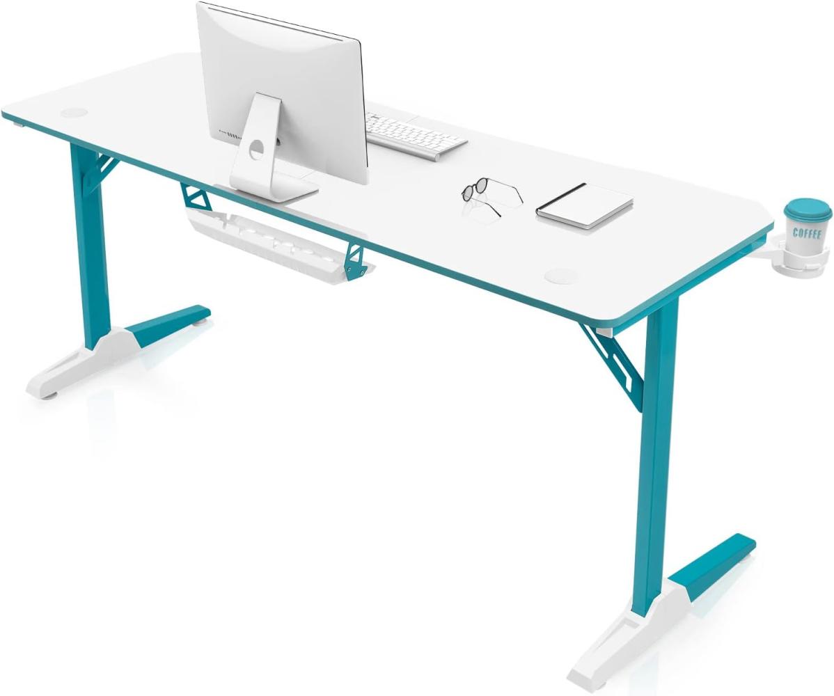 Devoko Computer PC Tisch großer Gaming Schreibtisch mit Kabelmanagement-Fach, Kopfhörerhaken und Becherhalter, Weiß, 160 x 60 cm Bild 1