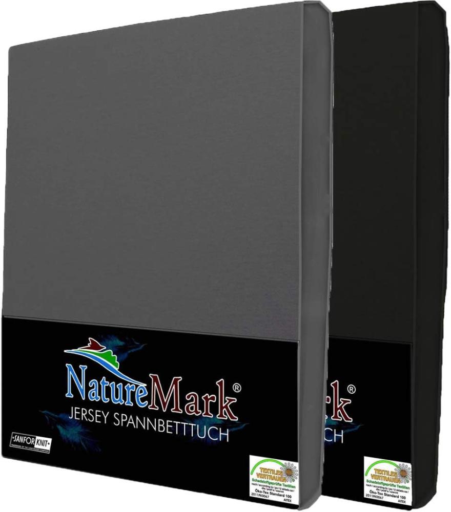 NatureMark 2er Pack Jersey Spannbettlaken, Spannbetttuch 100% Baumwolle in vielen Größen und Farben MARKENQUALITÄT ÖKOTEX Standard 100 | 180 x 200 cm - 200 x 200 cm - Anthrazit/Schwarz Bild 1
