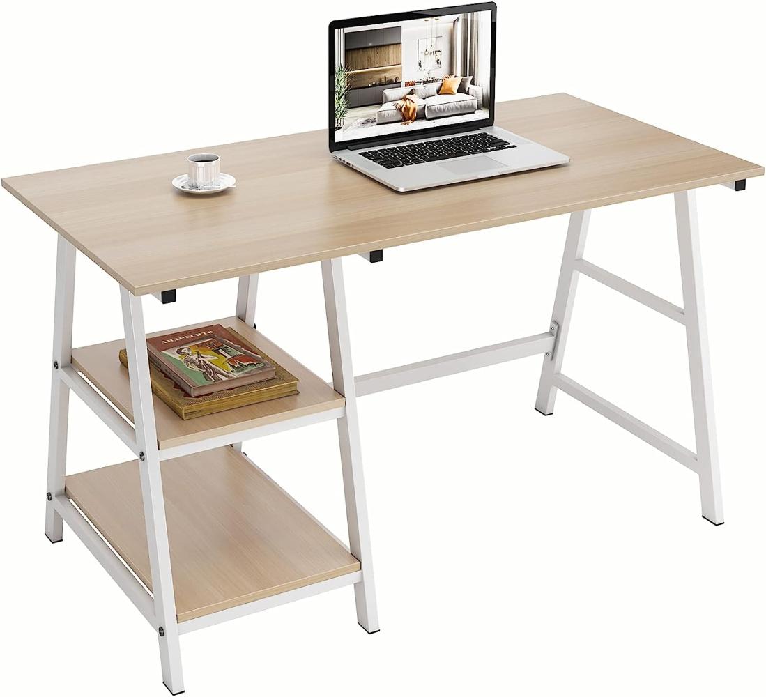 DlandHome Schreibtisch mit 2 Ablagen, 120 * 60 cm Computertisch Bürotisch Arbeitstisch PC Laptop Tisch für Zuhause/Büro, Ahorn & Weiß Bild 1
