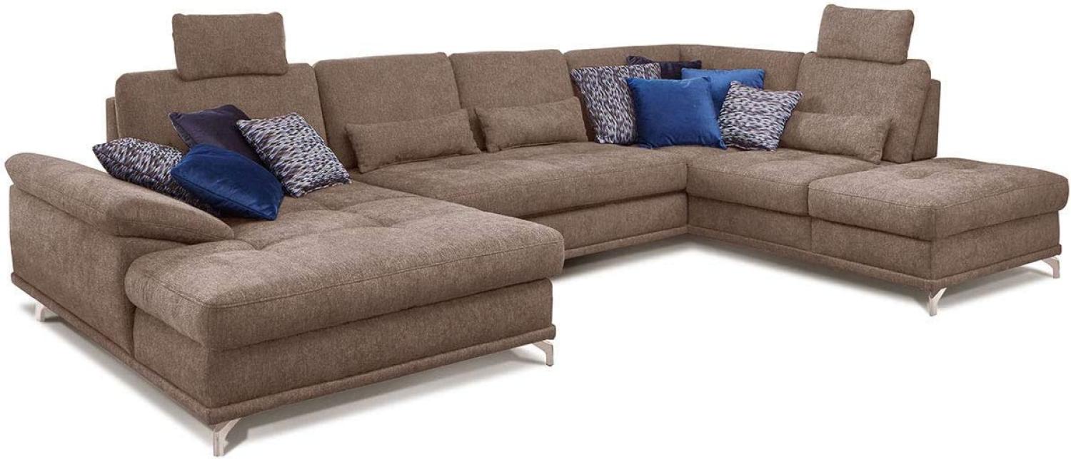 Cavadore Wohnlandschaft Castiel mit Federkern / Großes Schlafsofa in U-Form mit Bett, Sitztiefenverstellung und Kopfstützen / 368 x 114 x 232 / Webstoff, Hellbraun Bild 1