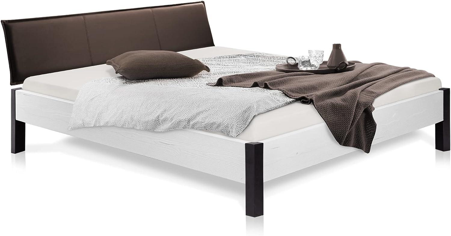 Möbel-Eins LUKY Bett Metallfuß, mit Polsterkopfteil, Material Massivholz, Fichte massiv weiss 200 x 220 cm Kunstleder Braun Bild 1