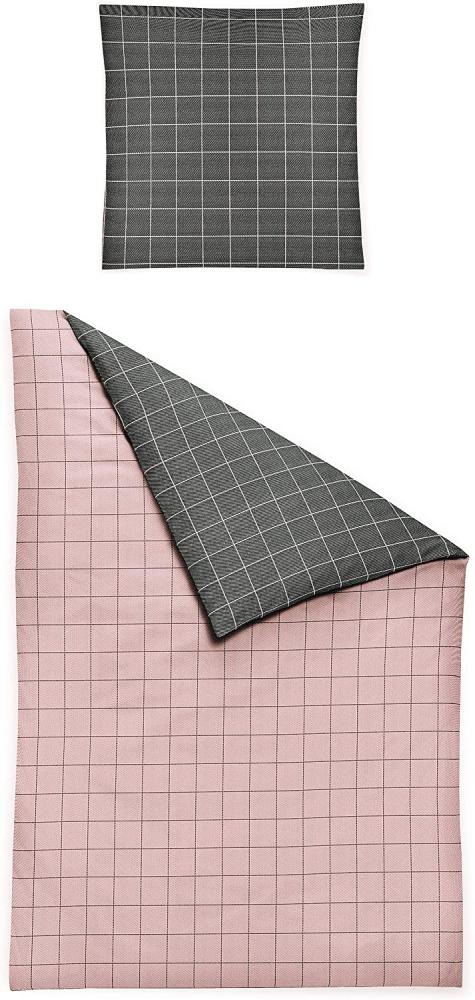 Irisette Biber Bettwäsche 155x220 2tlg grau rosa | Bettwäsche-Set aus 100% Baumwolle | 2 teilige Wende-Bettwäsche 155x220 cm & Kissen 80x80 cm | Quadrat Geometrisches Muster Bild 1