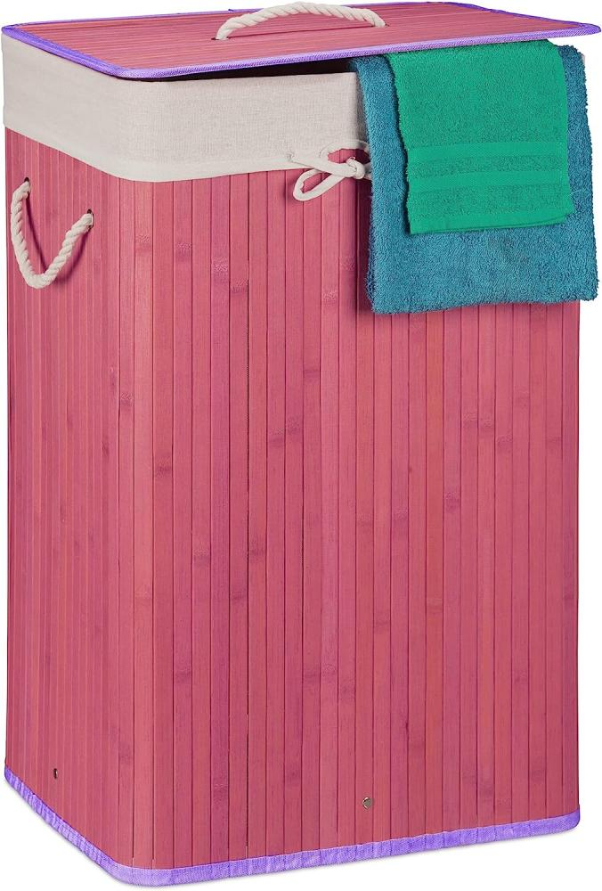 Relaxdays Wäschekorb Bambus, mit Deckel, rechteckig, 83 L, faltbarer Wäschesammler, HBT: 65,5 x 43,5 x 33,5 cm, violett Bild 1