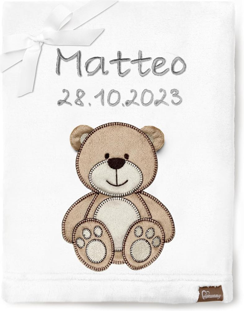 Be Mammy Personalisierte Babydecke mit 3D Applikation Warme Kuscheldecke mit Namen und Geburtsdatum; Perfektes Baby Geschenk; Blanket; Krabbeldecke BE20-280 (Weiß - Bär) Bild 1