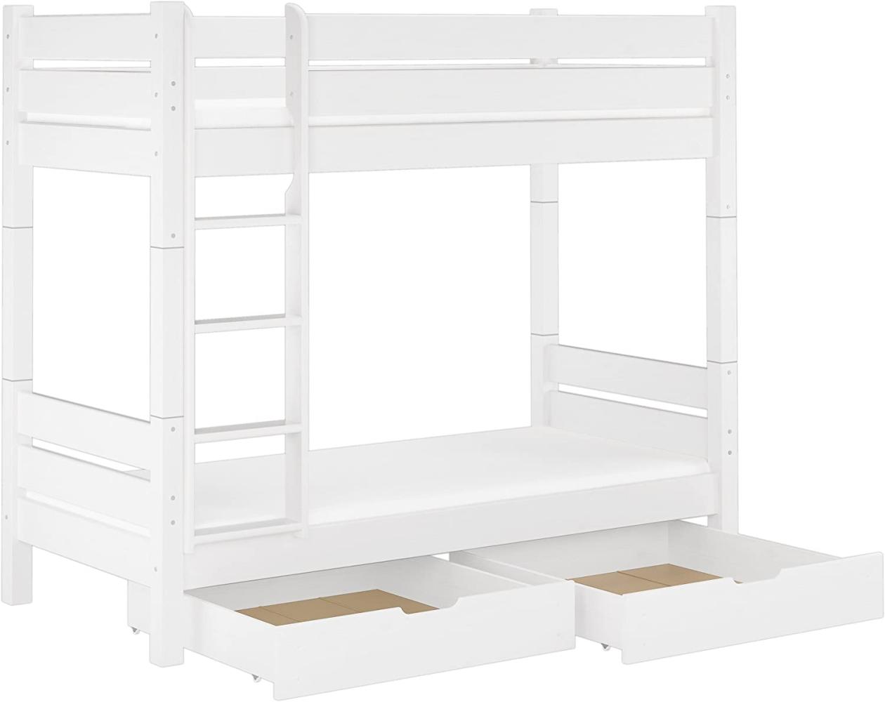 Erst-Holz Erwachsenen-Etagenbett weiß 100x200 teilbar Rollrost Matratze Bettkasten Bild 1