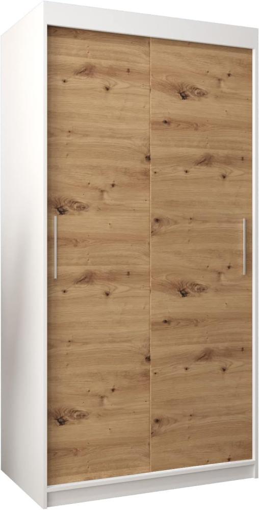 Kryspol Schwebetürenschrank Tokyo 100 cm Kleiderschrank mit Kleiderstange und Einlegeboden Schlafzimmer- Wohnzimmerschrank Schiebetüren Modern Design (Weiß + Artisan Eiche) Bild 1